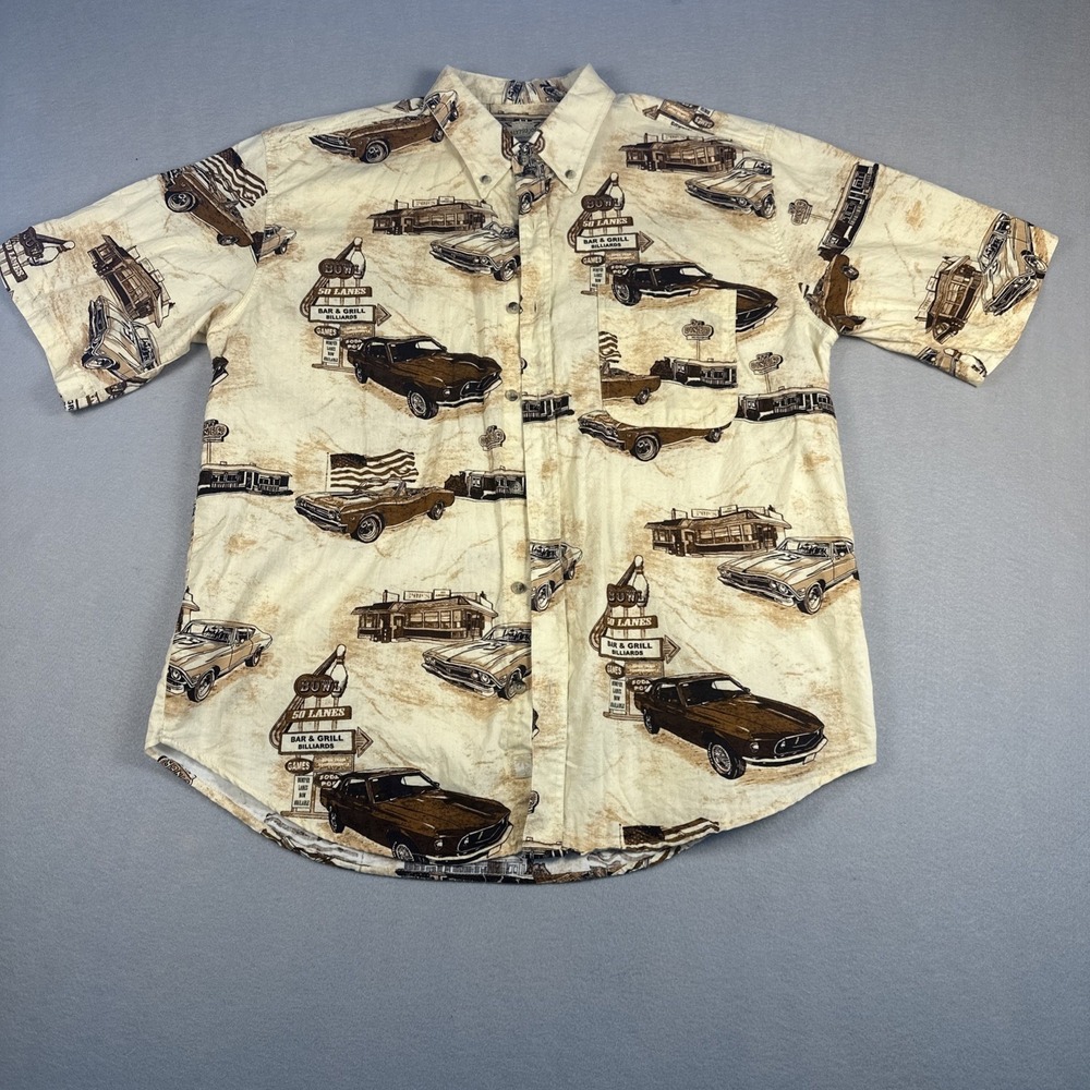 Calypso Joe Shirt Men's XL Tan Button Up Graphic Classic Car Short Sleeve